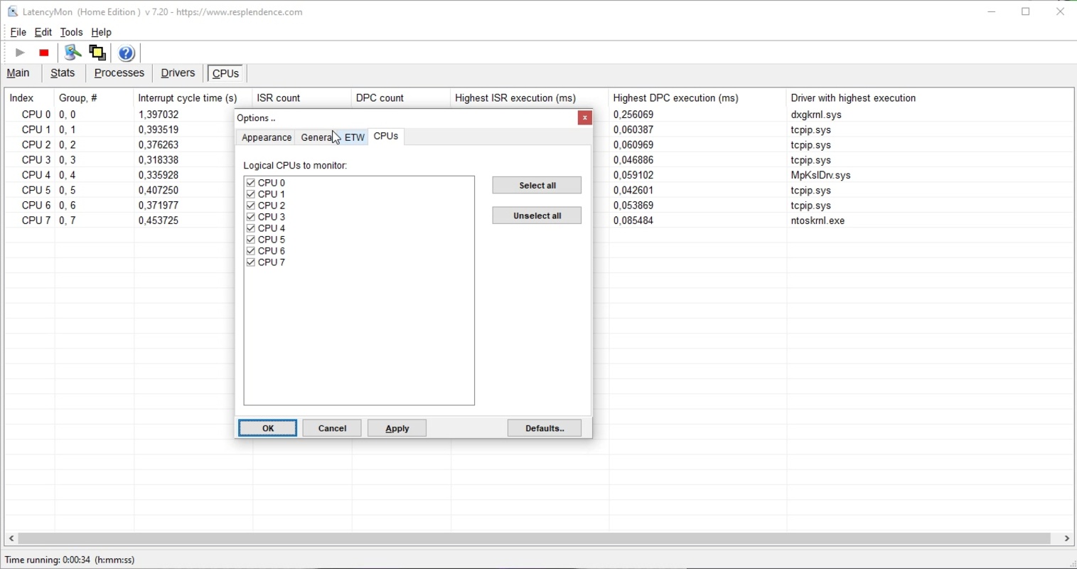 LatencyMon CPUs Tab - Per-CPU interrupt cycle times and DPC execution monitoring with options dialog