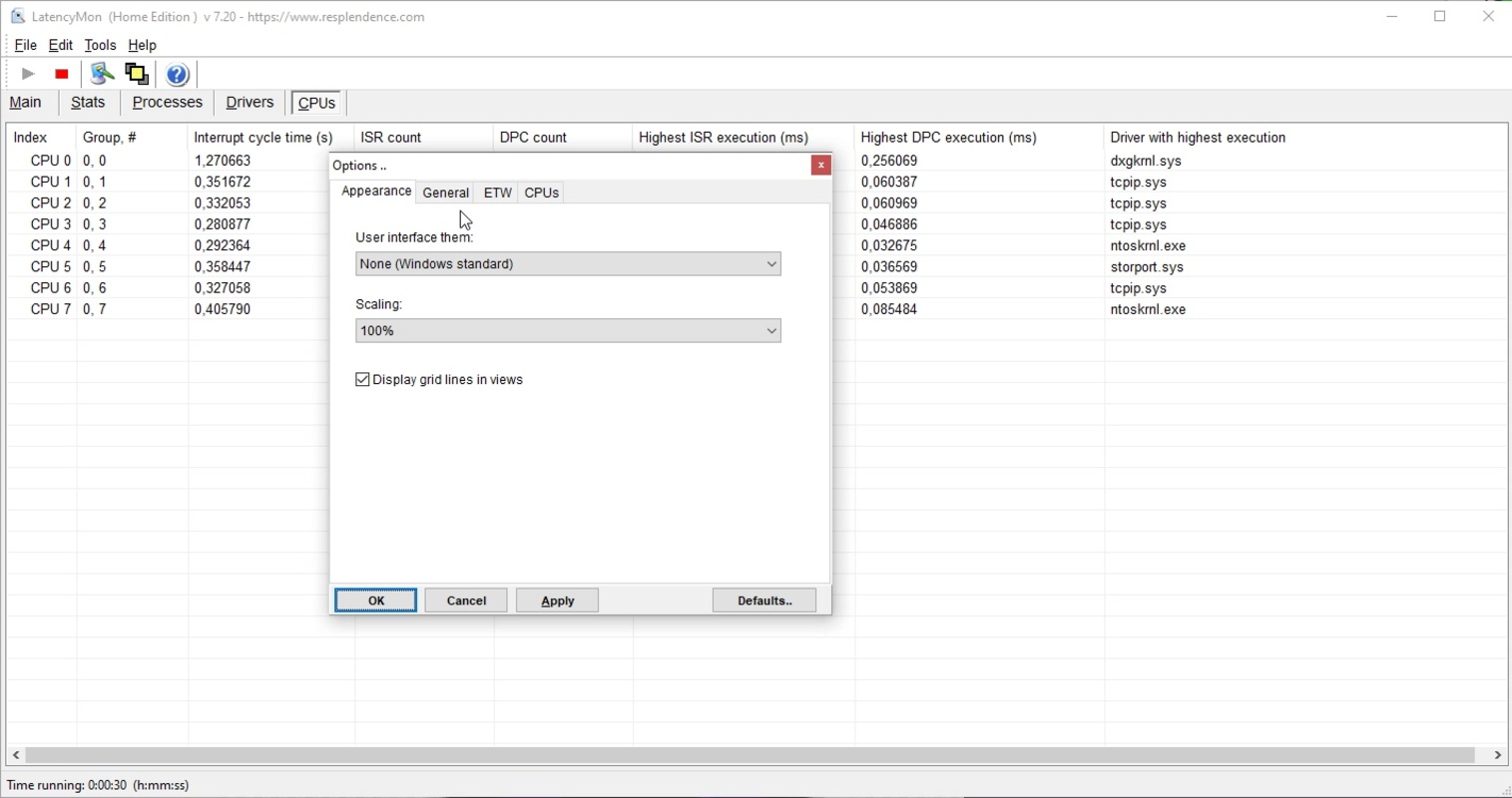 LatencyMon Stats Tab - Detailed system report with CPU speed and interrupt latency measurements